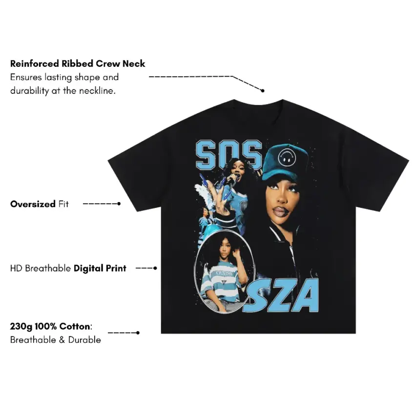 SZA SOS Lifeguard Tribute Oversized Black Graphic Tee - Image 5