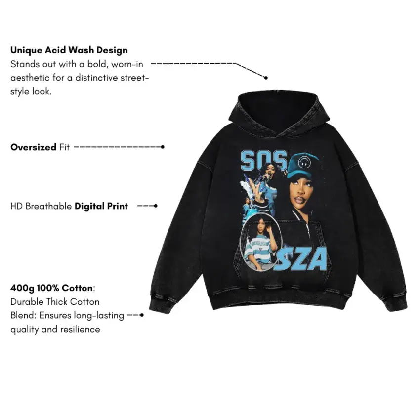 SZA SOS Lifeguard Tribute Aicd Wash Oversized Hoodie - Image 5