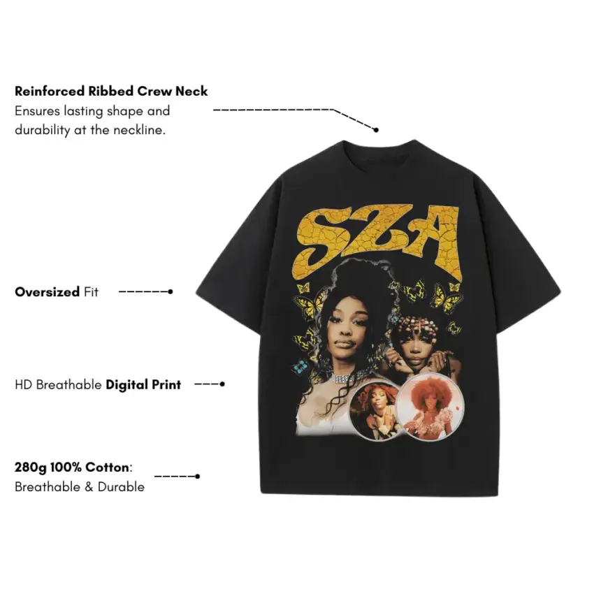 SZA SOS Yellow Theme Heavyweight Oversized Black Graphic Tee - Image 5