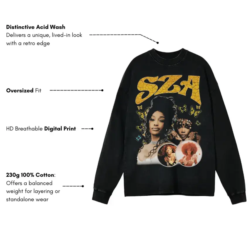 SZA SOS Yellow Theme Aicd Wash Oversized Long Sleeve Shirt - Image 5
