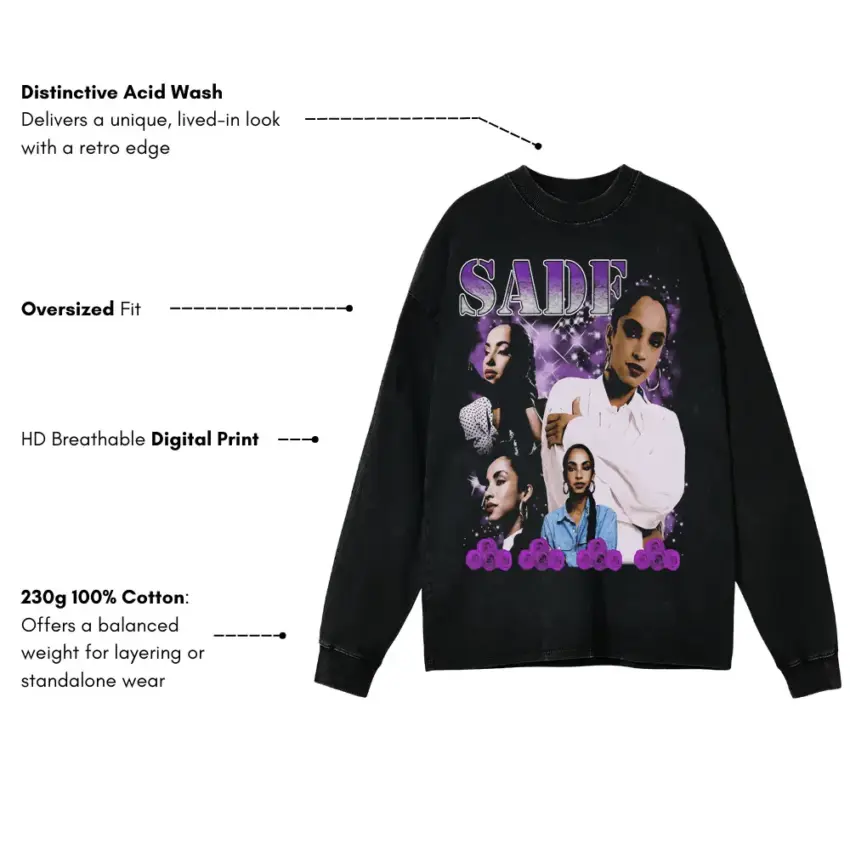 Sade Lovers Rock Tribute Aicd Wash Oversized Long Sleeve Shirt - Image 5