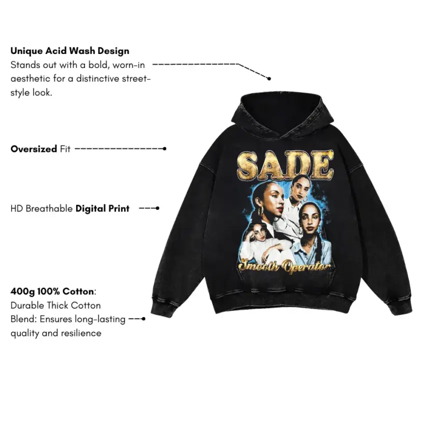 Sade Smooth Operator Collage Aicd Wash Oversized Hoodie - Image 5
