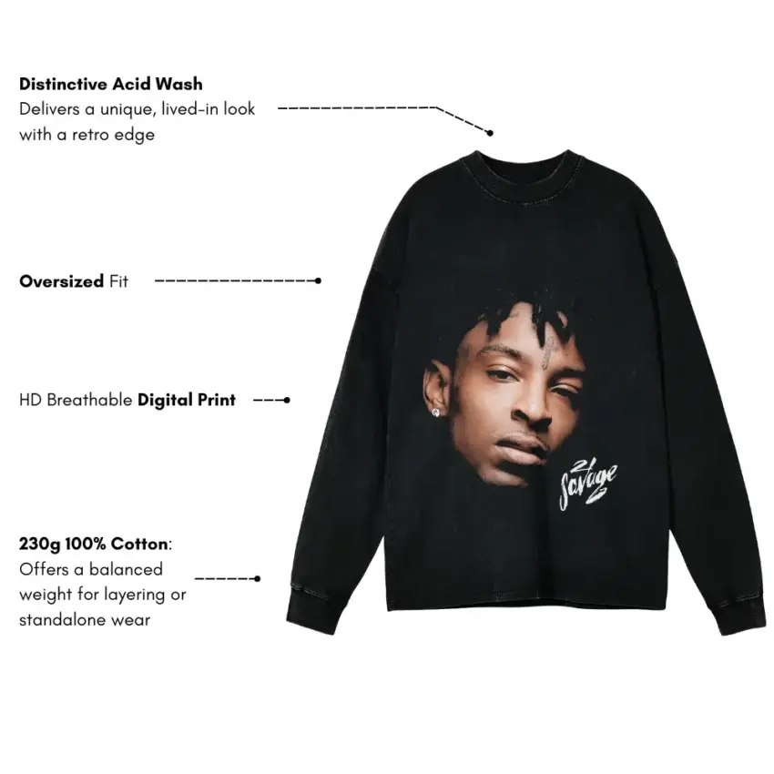 Savage Signature Portrait Aicd Wash Oversized Long Sleeve Shirt - Image 5