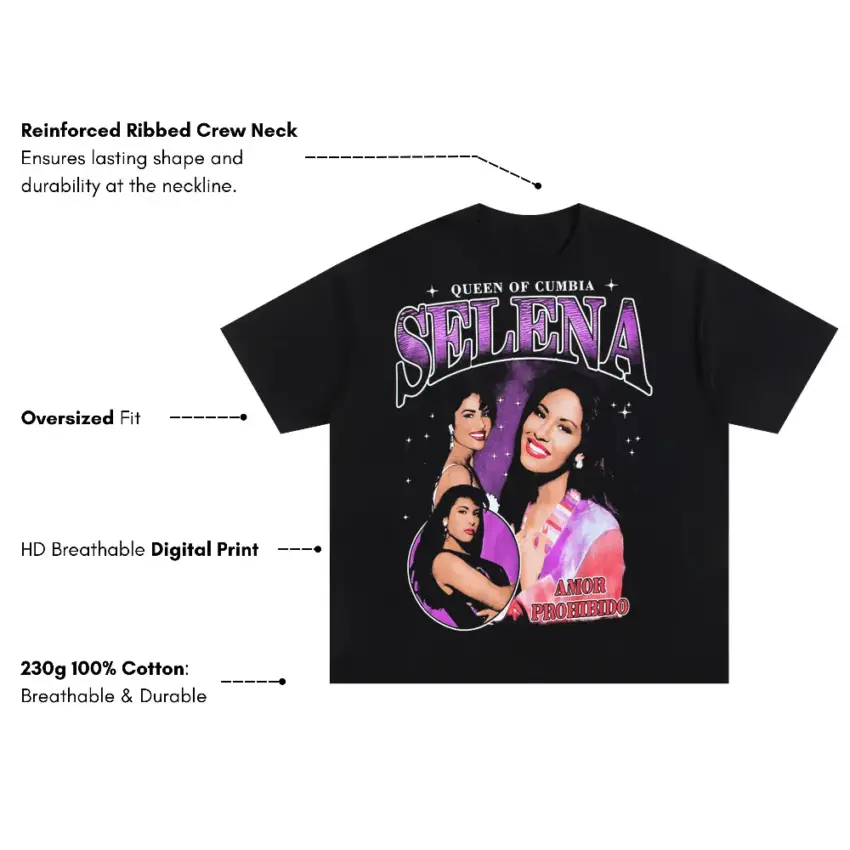 Selena Queen Of Cumbia Oversized Black Graphic Tee - Image 5