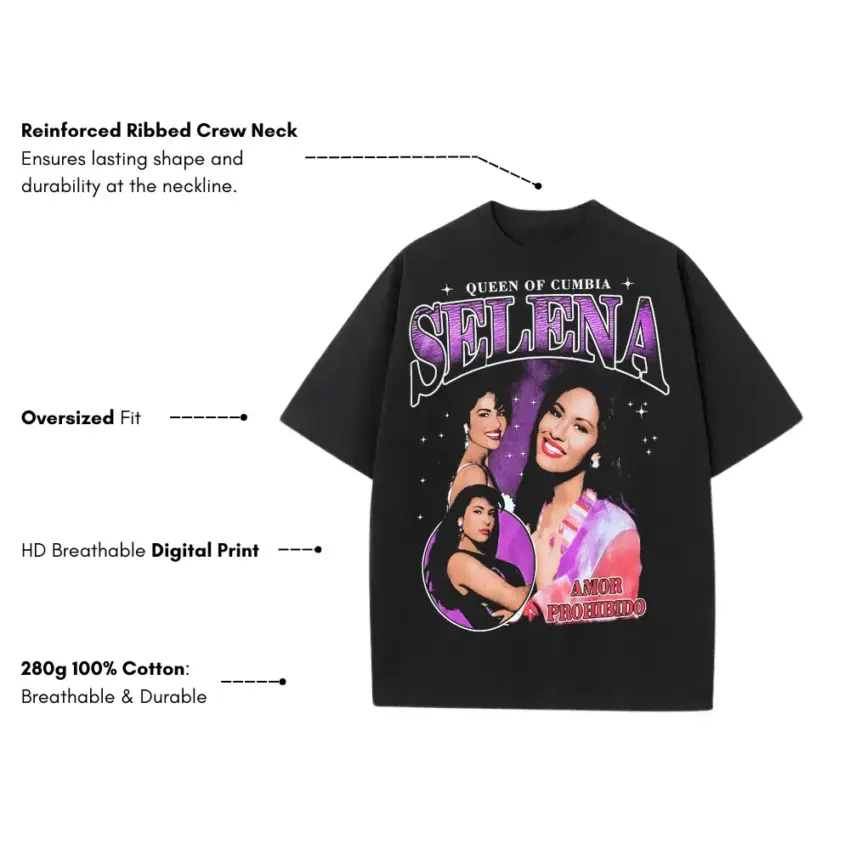 Selena Queen Of Cumbia Heavyweight Oversized Black Graphic Tee - Image 5