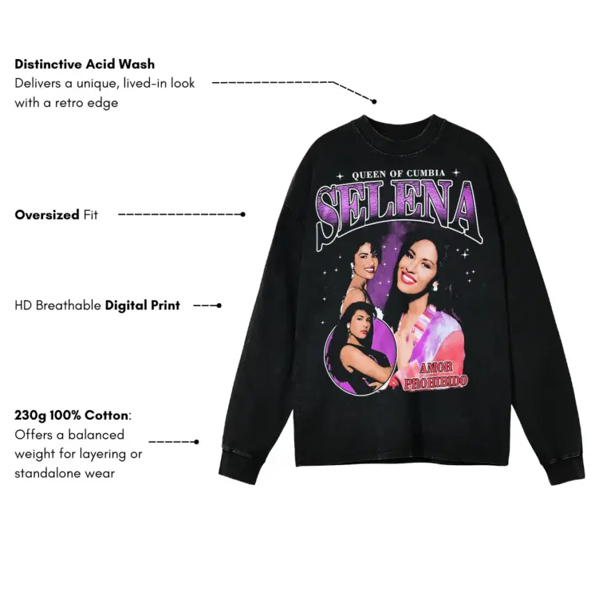 Selena Queen Of Cumbia Aicd Wash Oversized Long Sleeve Shirt - Image 5