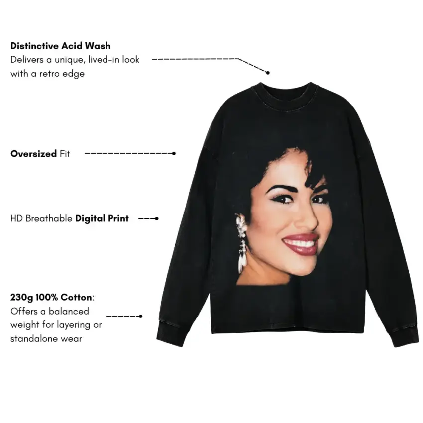 Selena Quintanilla Como La Flor Aicd Wash Oversized Long Sleeve Shirt - Image 5
