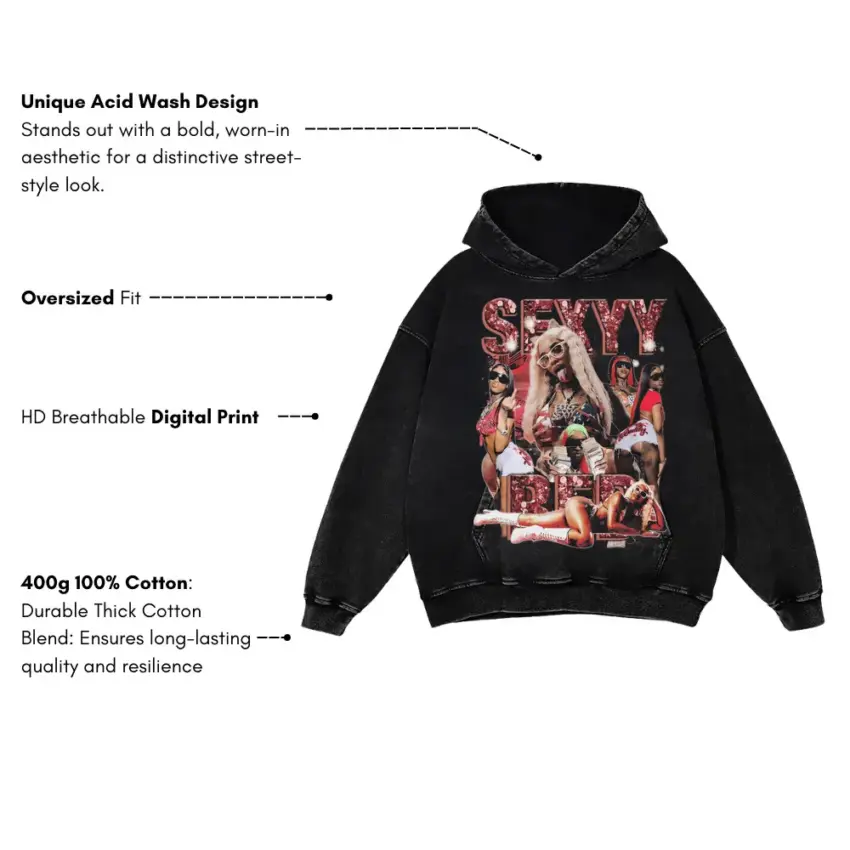 Sexyy Red SkeeYee Collage Aicd Wash Oversized Hoodie - Image 5