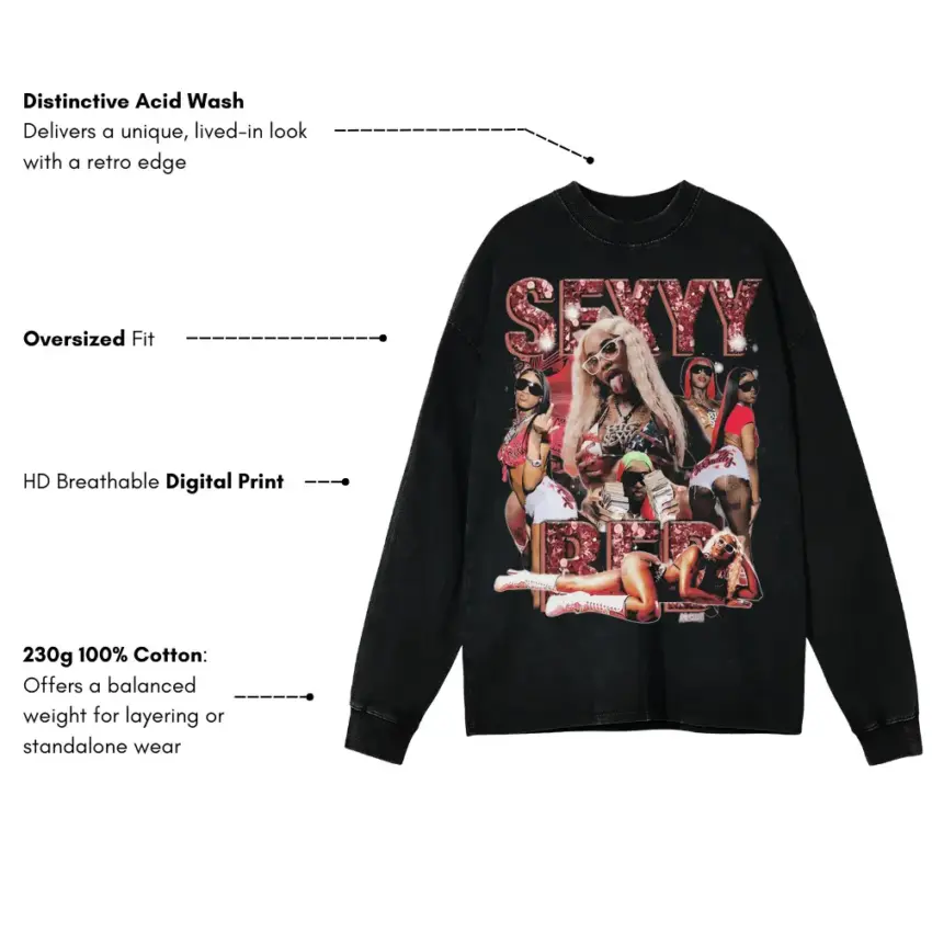 Sexyy Red SkeeYee Collage Aicd Wash Oversized Long Sleeve Shirt - Image 5