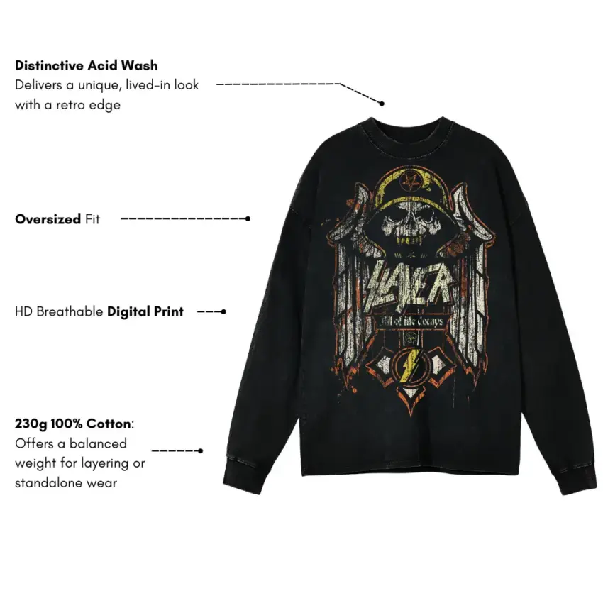 Slayer Hell Awaits Crest Aicd Wash Oversized Long Sleeve Shirt - Image 5