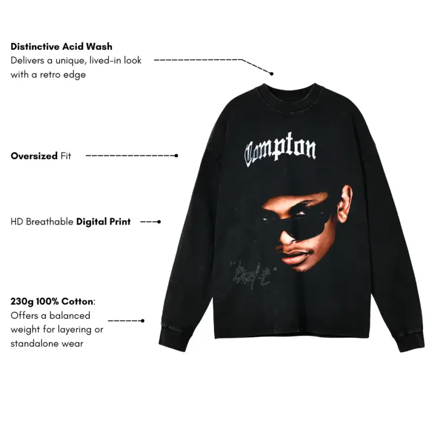 Straight Outta Compton Aicd Wash Oversized Long Sleeve Shirt - Image 5