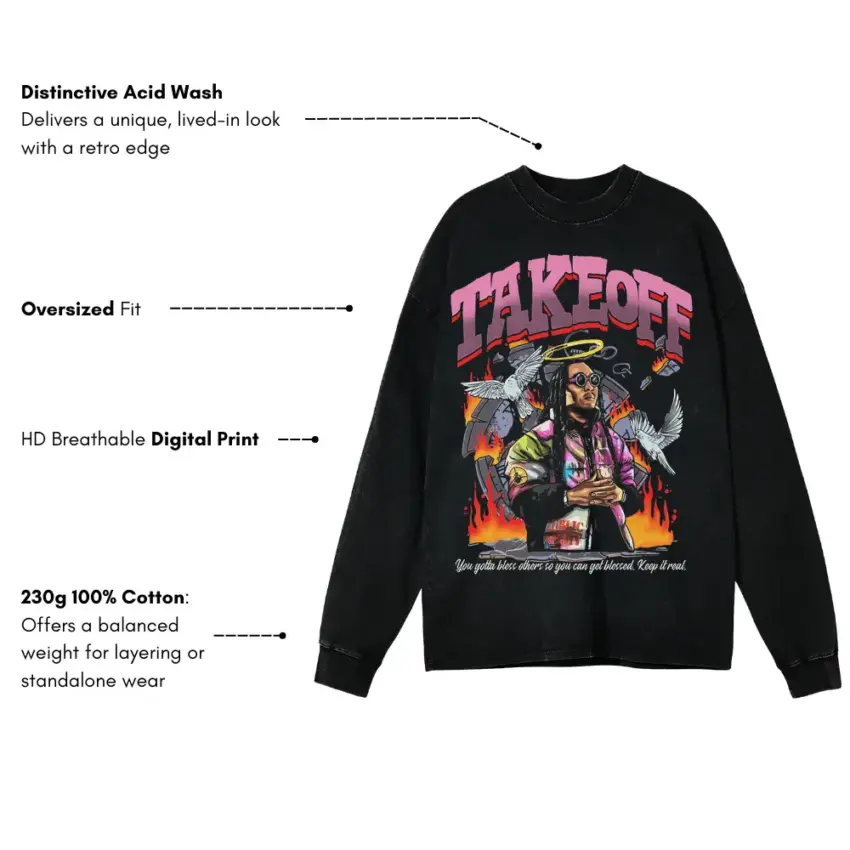 Takeoff Migos Forever Aicd Wash Oversized Long Sleeve Shirt - Image 5
