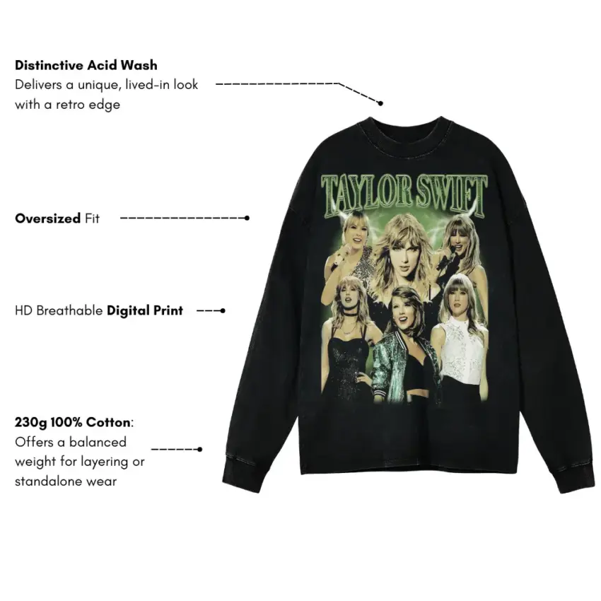 Taylor Swift Album Eras Aicd Wash Oversized Long Sleeve Shirt - Image 5