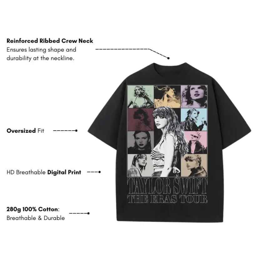 Taylor Swift Eras Tour Collage Heavyweight Oversized Black Graphic Tee - Image 5