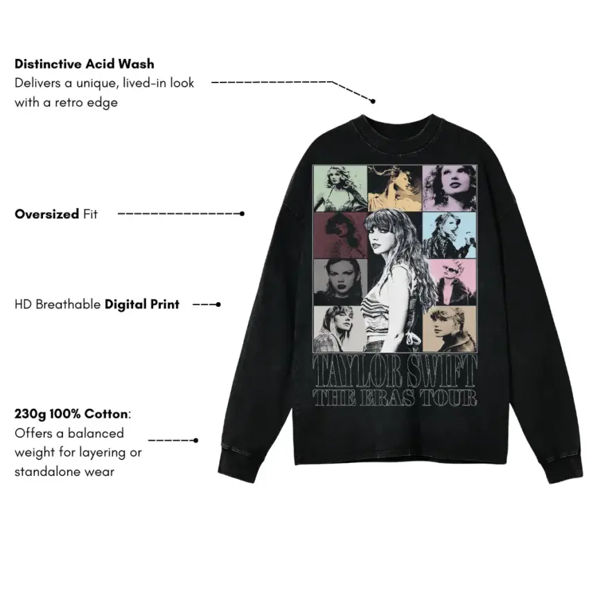 Taylor Swift Eras Tour Collage Aicd Wash Oversized Long Sleeve Shirt - Image 5