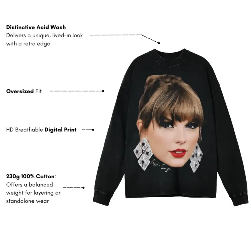 Taylor Swift Lover Era Portrait Aicd Wash Oversized Long Sleeve Shirt - Image 5