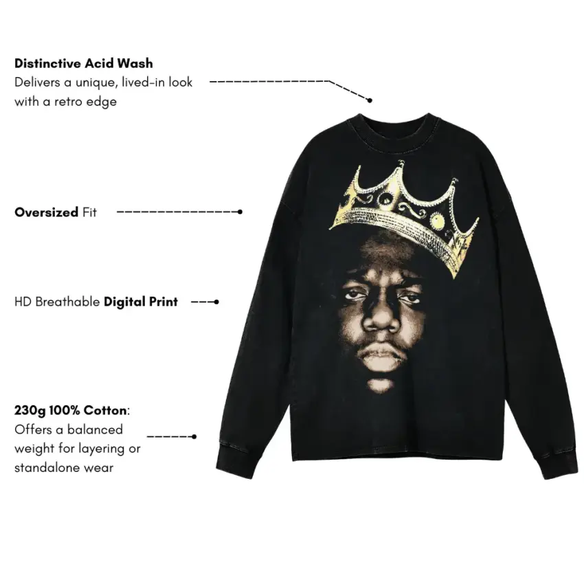 The Notorious BIG King Of New York Aicd Wash Oversized Long Sleeve Shirt - Image 5