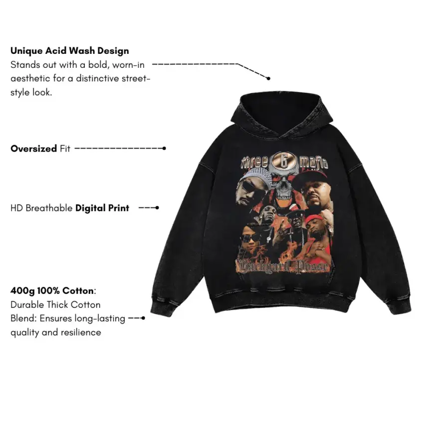 Three 6 Mafia Tear Da Club Up Aicd Wash Oversized Hoodie - Image 5