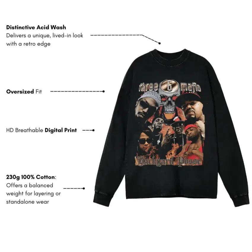 Three 6 Mafia Tear Da Club Up Aicd Wash Oversized Long Sleeve Shirt - Image 5