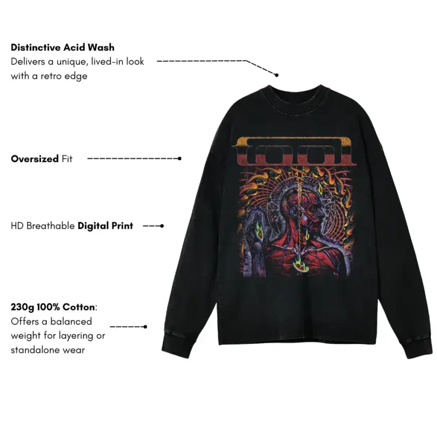 Tool Band Art Aicd Wash Oversized Long Sleeve Shirt - Image 5