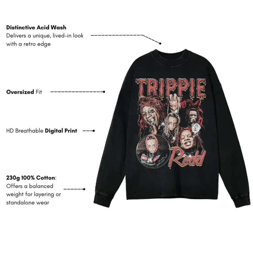 Trippie Redd Trip At Knight Aicd Wash Oversized Long Sleeve Shirt - Image 5