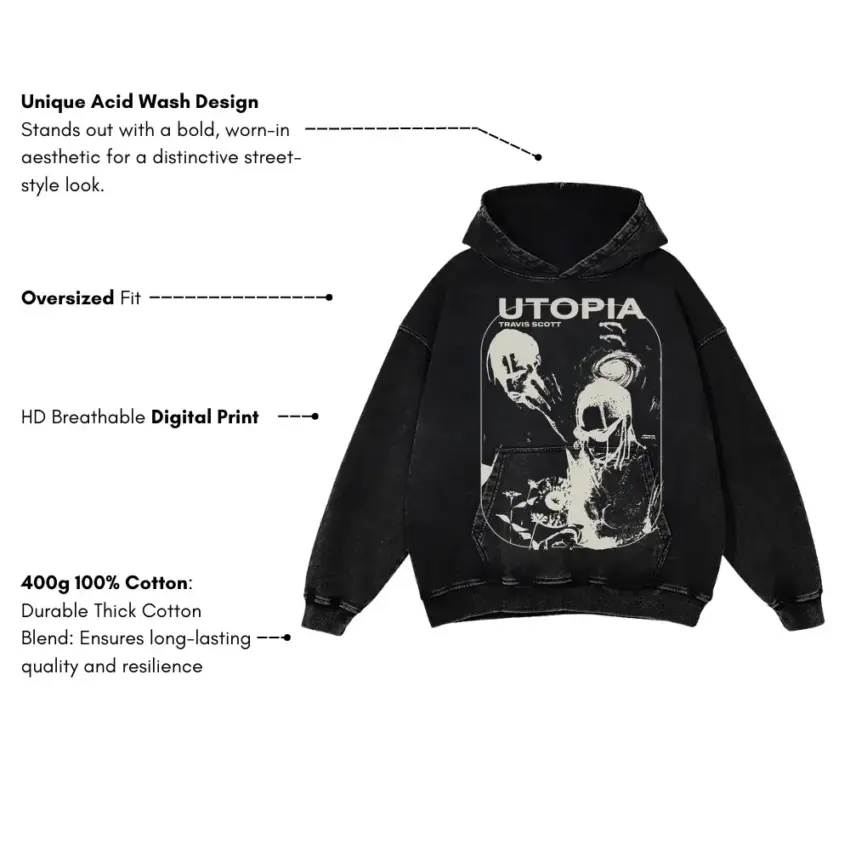 Welcome To Utopia 2 Aicd Wash Oversized Hoodie - Image 5