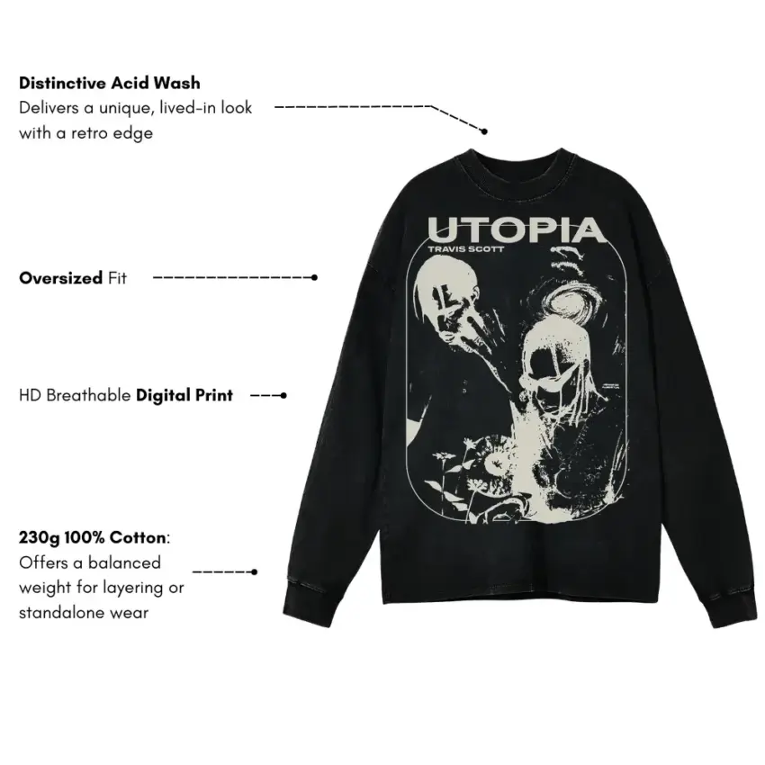 Welcome To Utopia 2 Aicd Wash Oversized Long Sleeve Shirt - Image 5