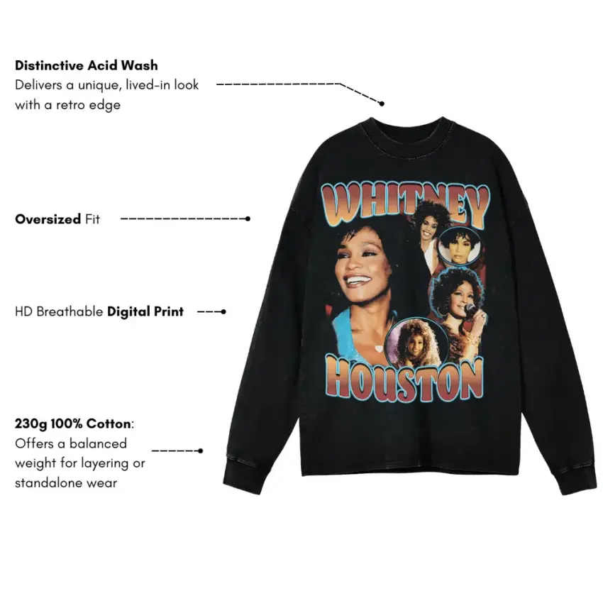Whitney Houston I Wanna Dance Aicd Wash Oversized Long Sleeve Shirt - Image 5