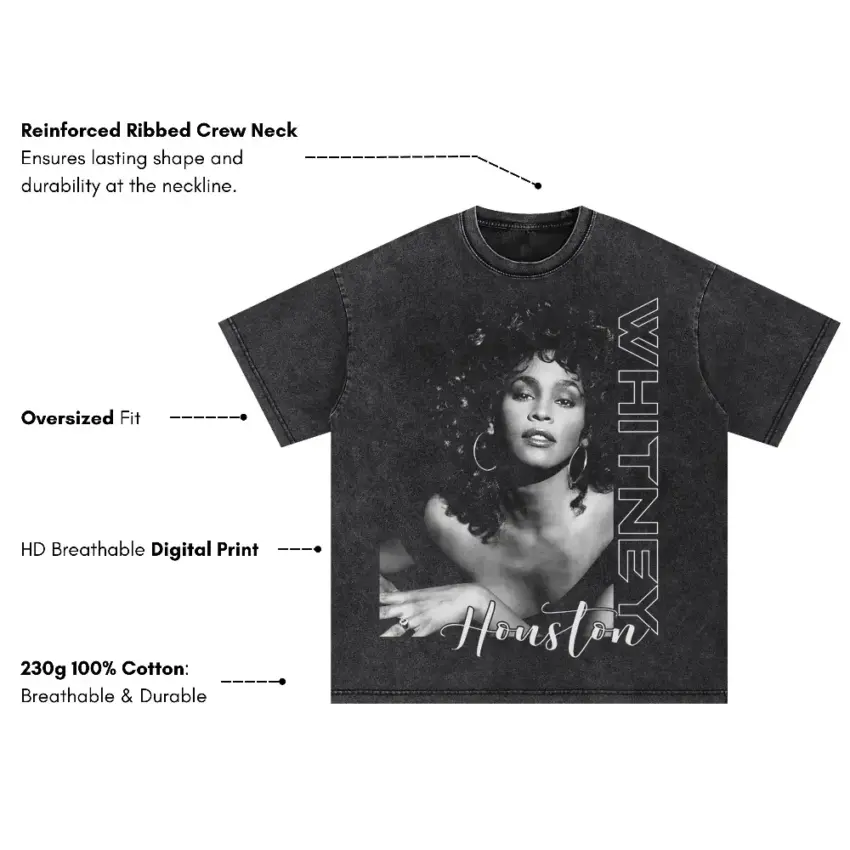 Whitney Houston Monochrome Portrait Oversized Acid Wash T-shirt - Image 5
