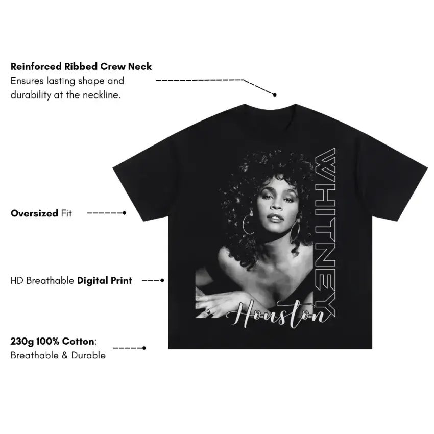 Whitney Houston Monochrome Portrait Oversized Black Graphic Tee - Image 5