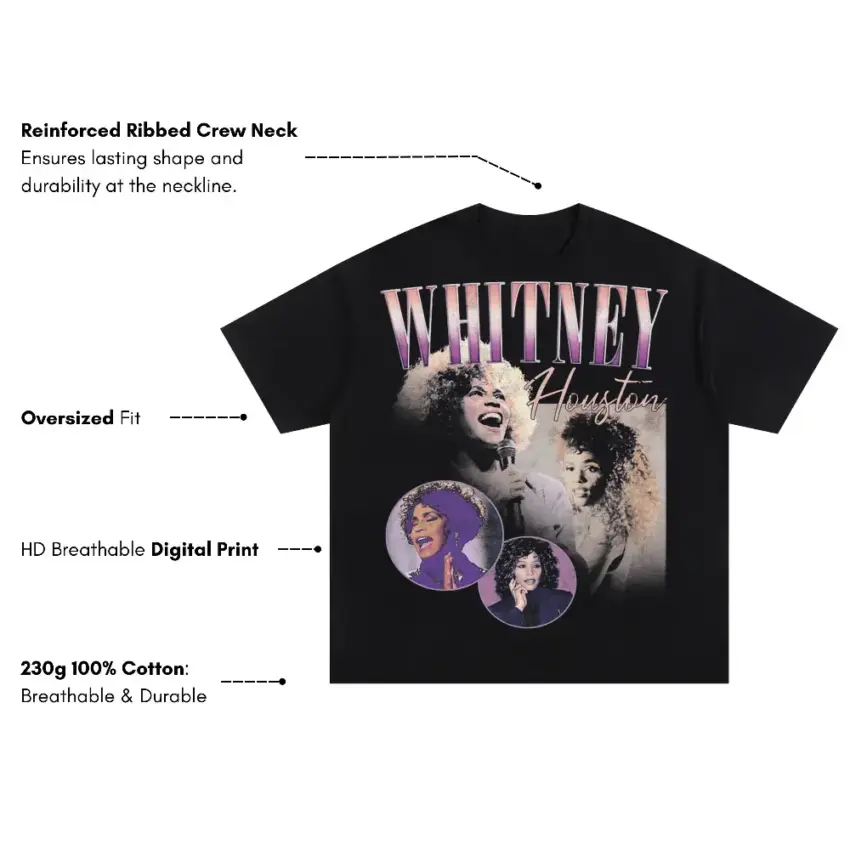 Whitney Houston Purple Tribute Oversized Black Graphic Tee - Image 5