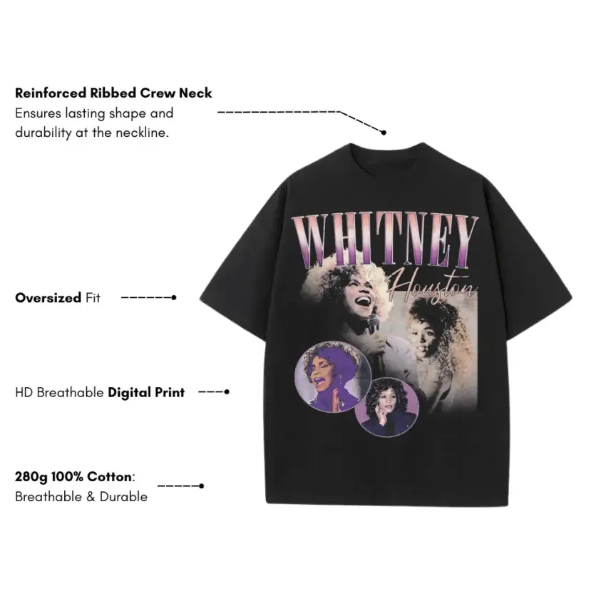 Whitney Houston Purple Tribute Heavyweight Oversized Black Graphic Tee - Image 5