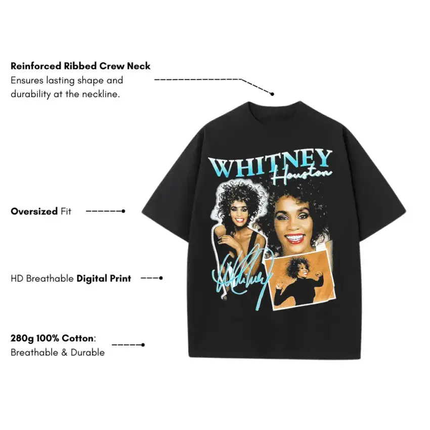 Whitney Houston The Voice Heavyweight Oversized Black Graphic Tee - Image 5
