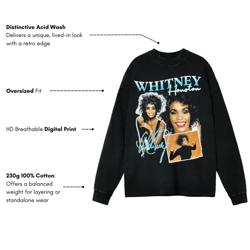 Whitney Houston The Voice Aicd Wash Oversized Long Sleeve Shirt - Image 5