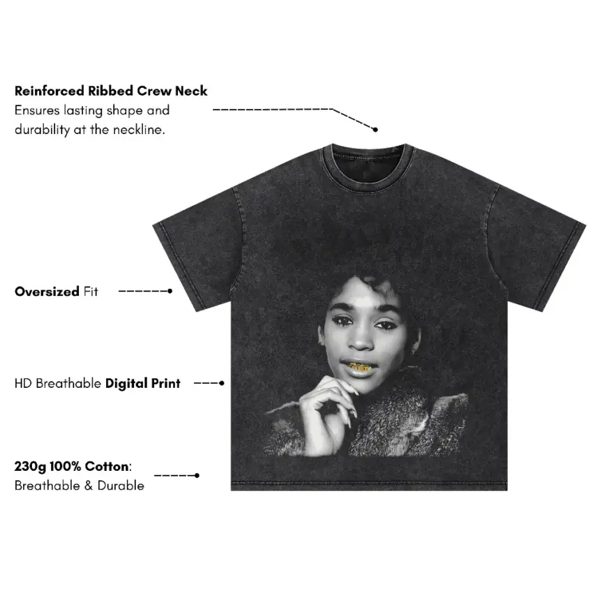 Whitney Houston Young Portrait Oversized Acid Wash T-shirt - Image 5