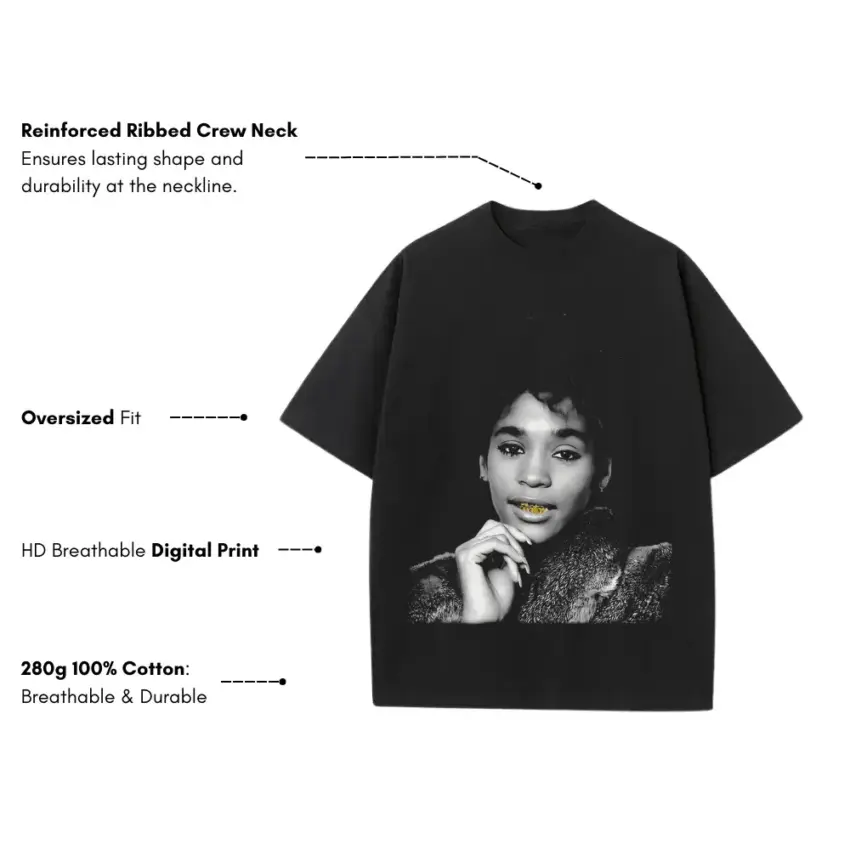 Whitney Houston Young Portrait Heavyweight Oversized Black Graphic Tee - Image 5