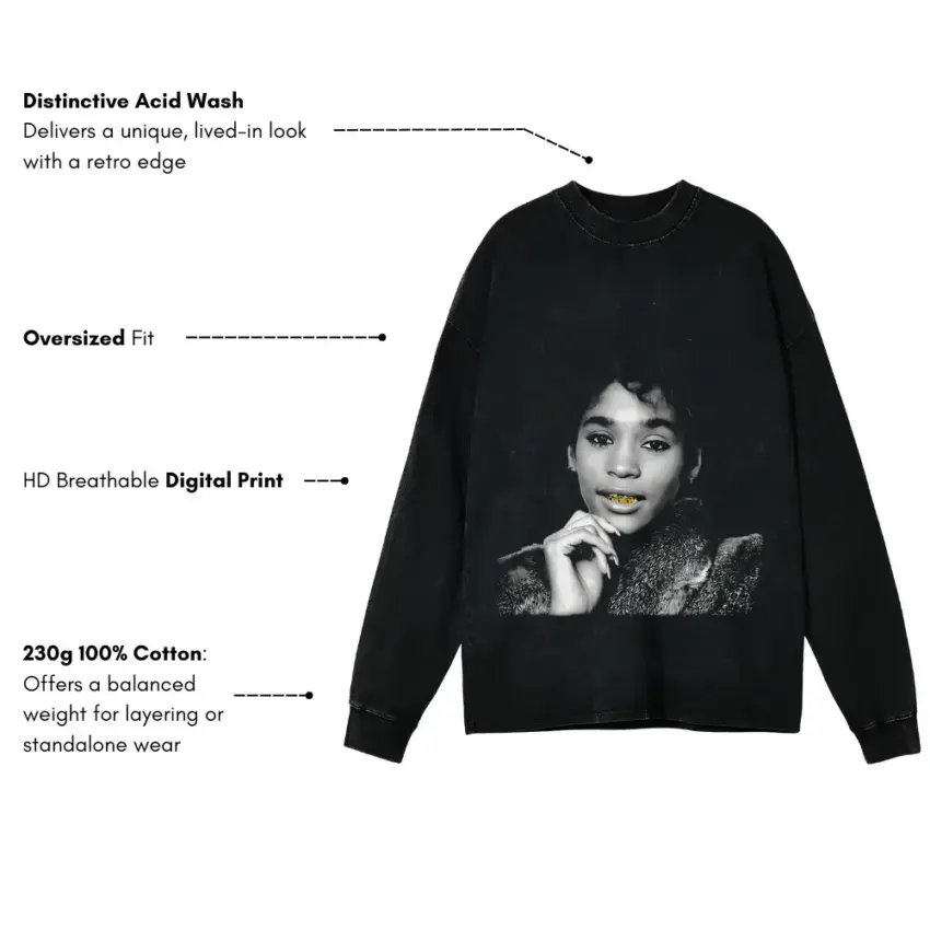 Whitney Houston Young Portrait Aicd Wash Oversized Long Sleeve Shirt - Image 5
