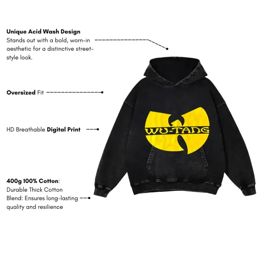 Wu Tang Clan Logo Aicd Wash Oversized Hoodie - Image 5