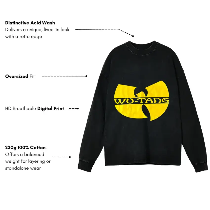 Wu Tang Clan Logo Aicd Wash Oversized Long Sleeve Shirt - Image 5