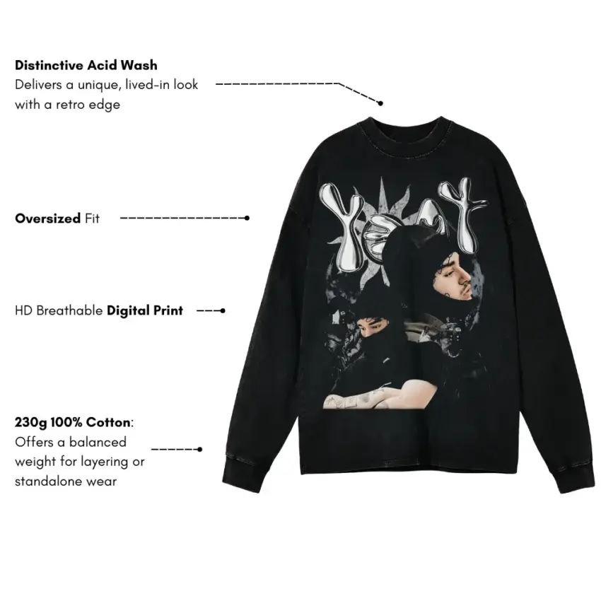 Yeat 2 Alive Tribute Aicd Wash Oversized Long Sleeve Shirt - Image 5