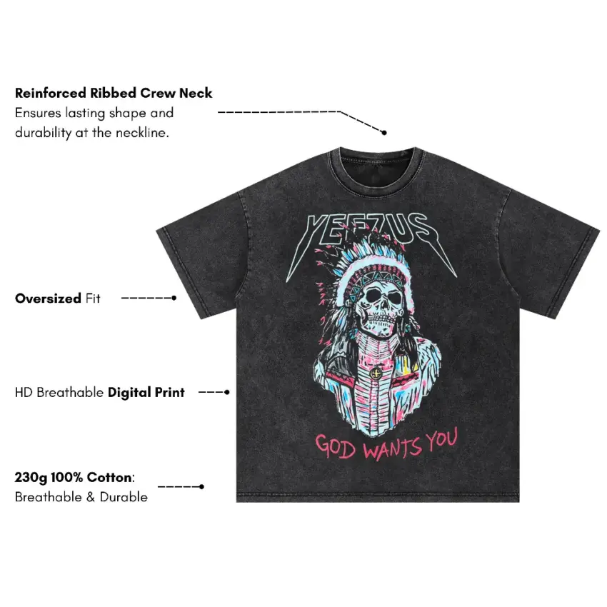 Yeezus Headdress Skull Oversized Acid Wash T-shirt - Image 5