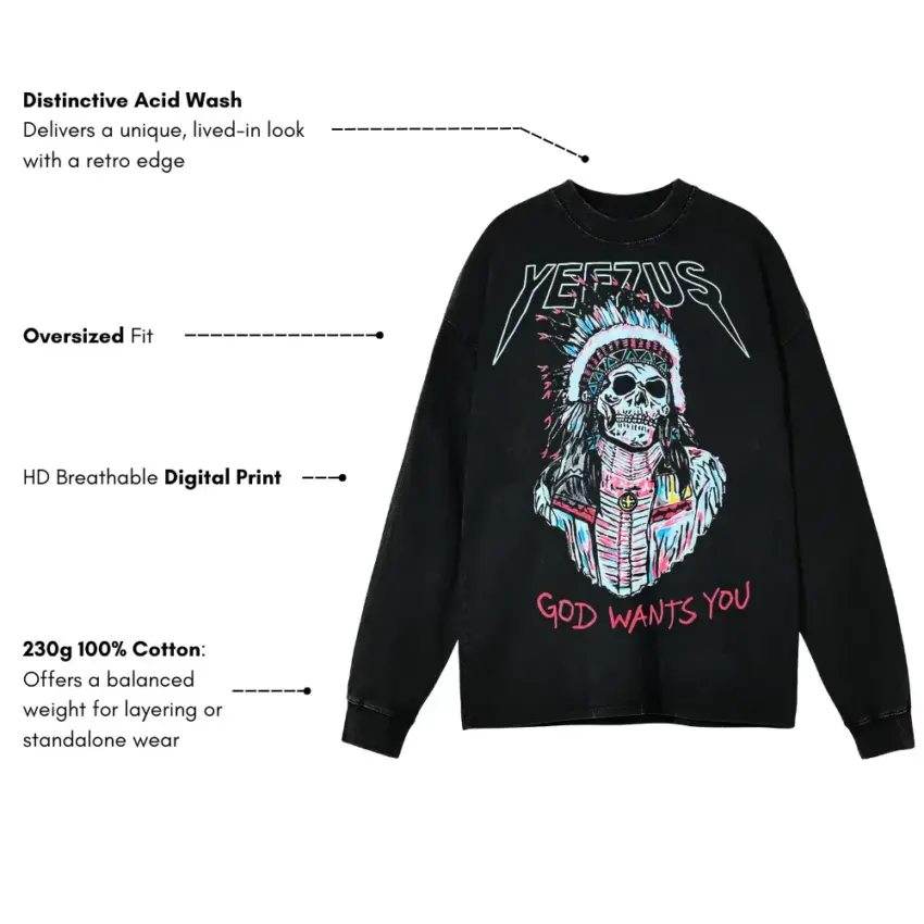 Yeezus Headdress Skull Aicd Wash Oversized Long Sleeve Shirt - Image 5