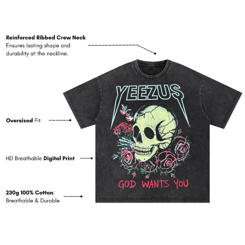 Yeezus Skull And Roses Oversized Acid Wash T-shirt - Image 2