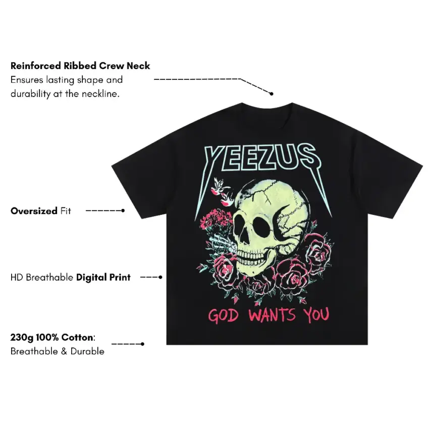 Yeezus Skull And Roses Oversized Black Graphic Tee - Image 2