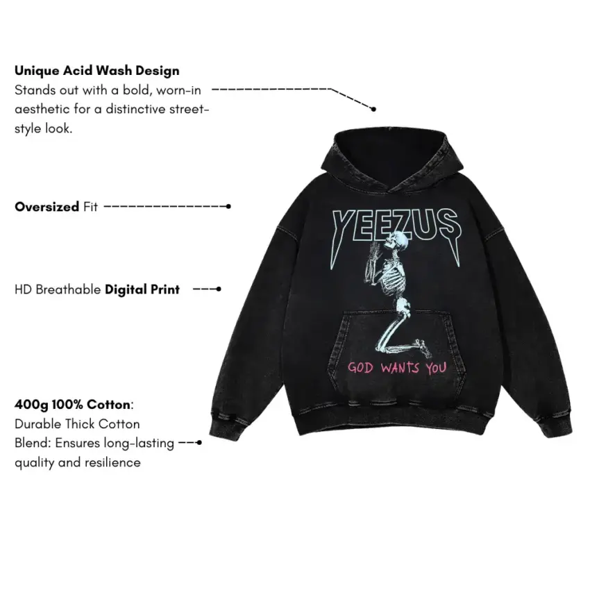 Yeezus Tour Skeleton Aicd Wash Oversized Hoodie - Image 5