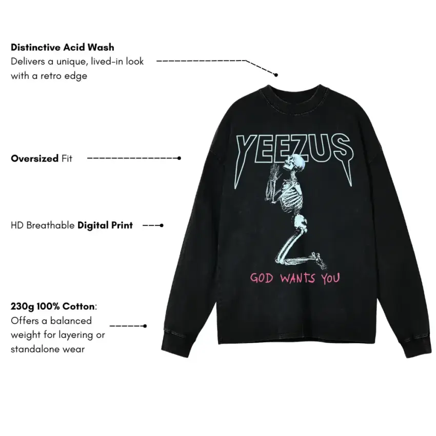 Yeezus Tour Skeleton Aicd Wash Oversized Long Sleeve Shirt - Image 5