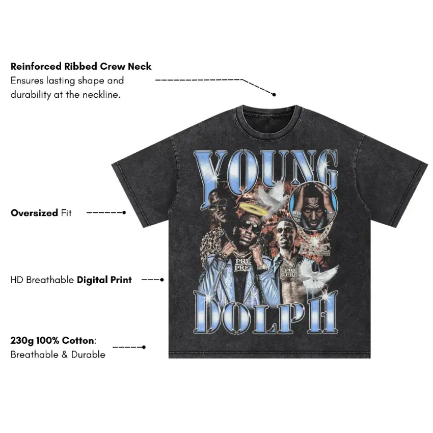 Young Dolph Chrome Tribute Oversized Acid Wash T-shirt - Image 5