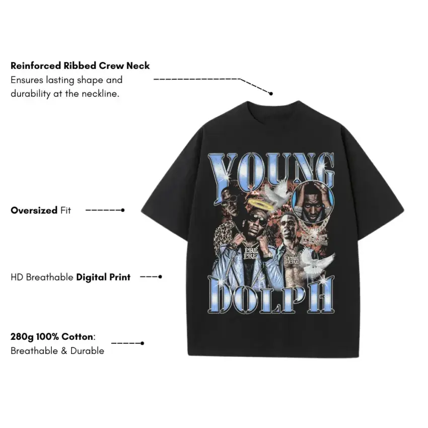 Young Dolph Chrome Tribute Heavyweight Oversized Black Graphic Tee - Image 5