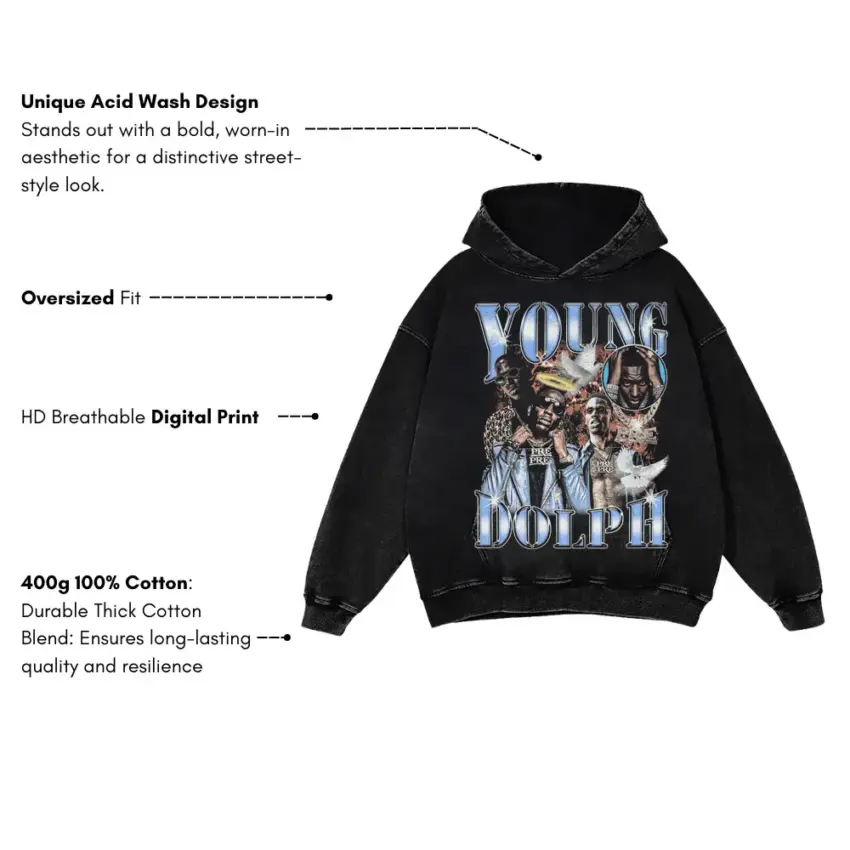 Young Dolph Chrome Tribute Aicd Wash Oversized Hoodie - Image 5