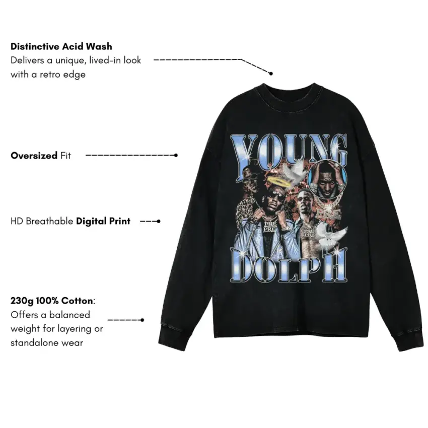 Young Dolph Chrome Tribute Aicd Wash Oversized Long Sleeve Shirt - Image 5
